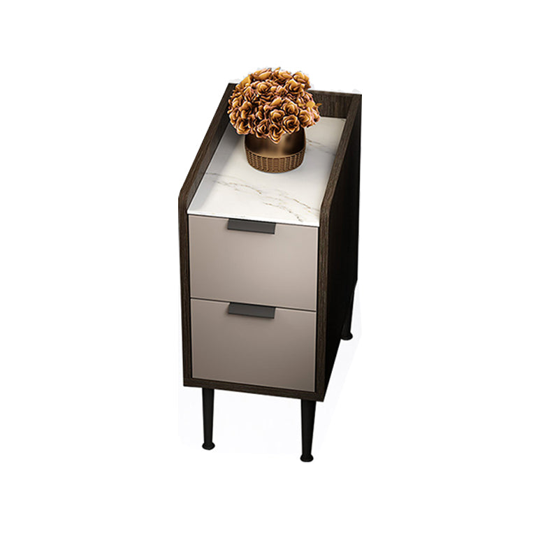 Espresso Wood and Off-White Night Table Modern Stone and Pearl Wood Bedside Cabinet