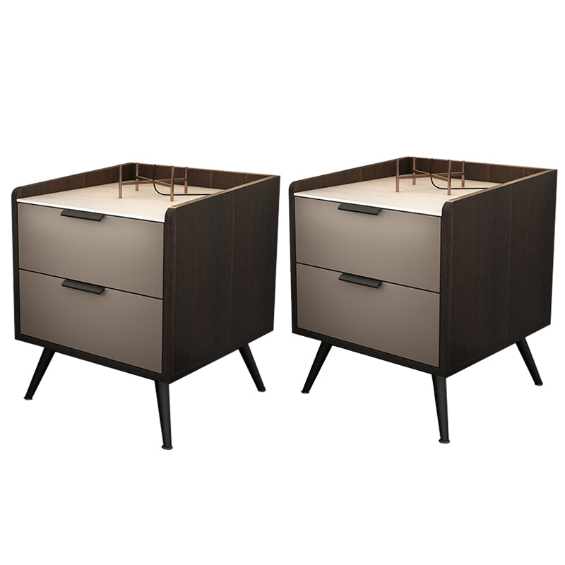 Espresso Wood and Off-White Night Table Modern Stone and Pearl Wood Bedside Cabinet