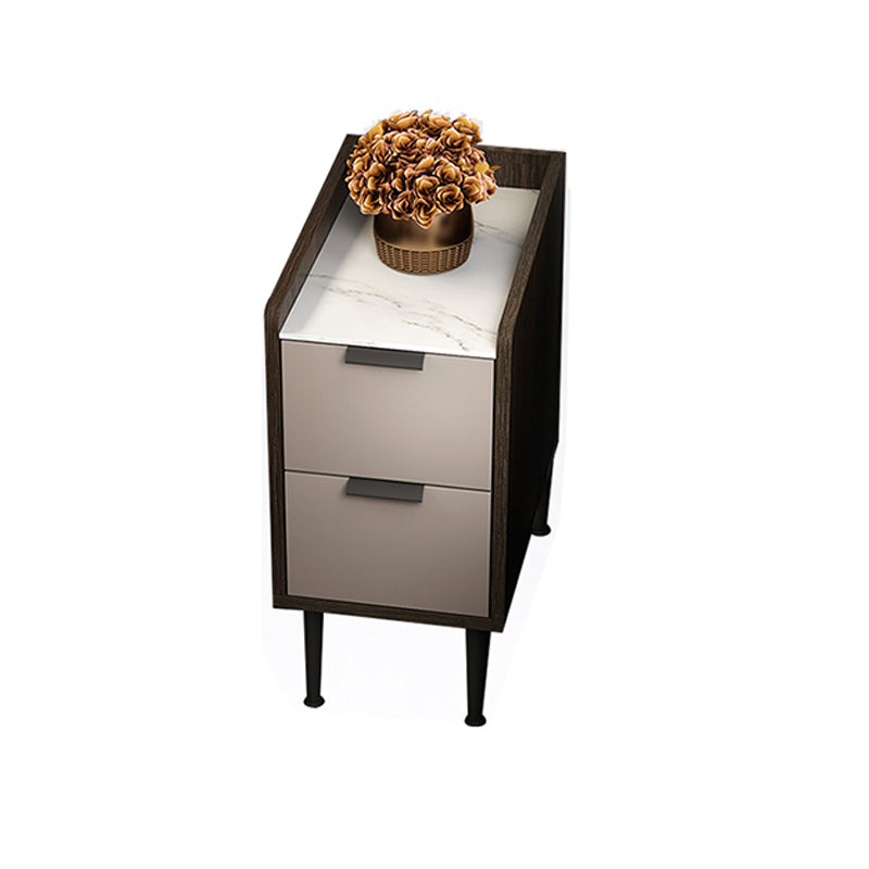 Espresso Wood and Off-White Night Table Modern Stone and Pearl Wood Bedside Cabinet