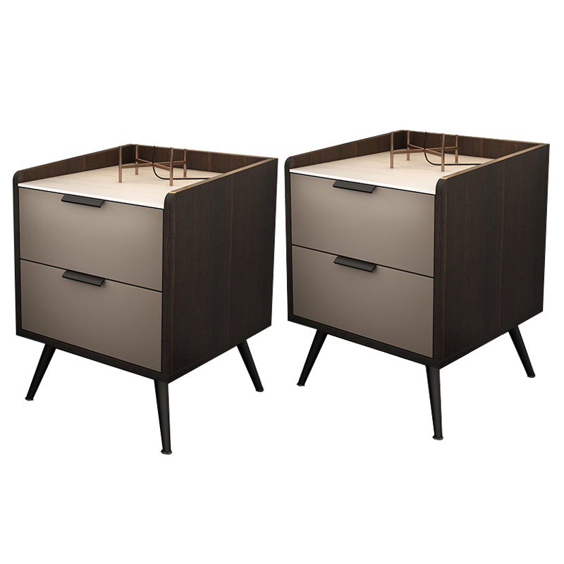 Espresso Wood and Off-White Night Table Modern Stone and Pearl Wood Bedside Cabinet