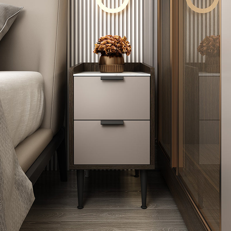 Espresso Wood and Off-White Night Table Modern Stone and Pearl Wood Bedside Cabinet