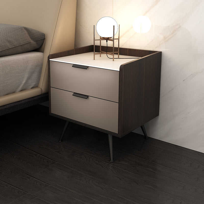 Espresso Wood and Off-White Night Table Modern Stone and Pearl Wood Bedside Cabinet