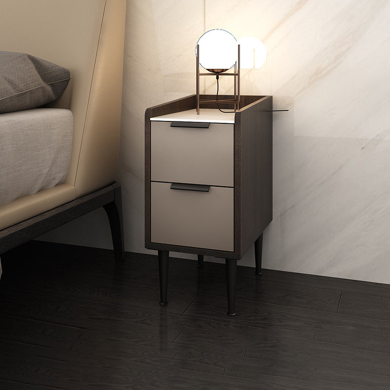 Espresso Wood and Off-White Night Table Modern Stone and Pearl Wood Bedside Cabinet