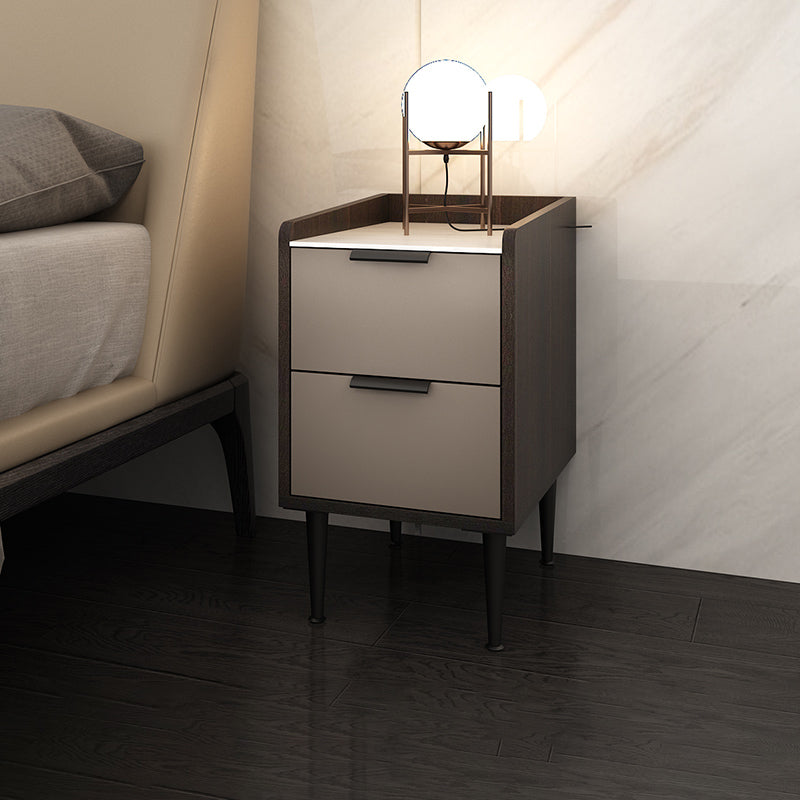 Espresso Wood and Off-White Night Table Modern Stone and Pearl Wood Bedside Cabinet