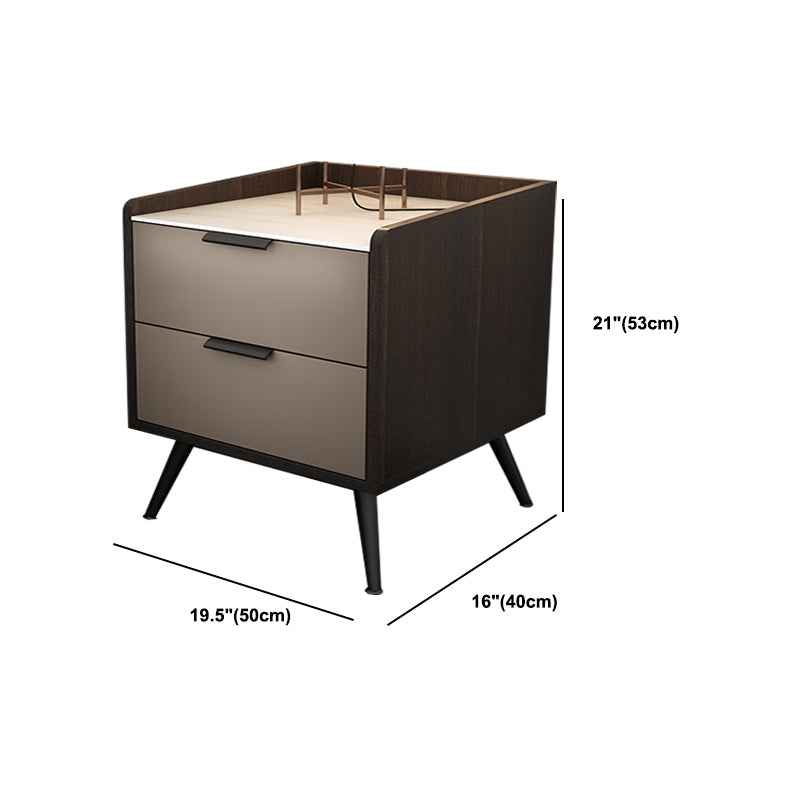 Espresso Wood and Off-White Night Table Modern Stone and Pearl Wood Bedside Cabinet