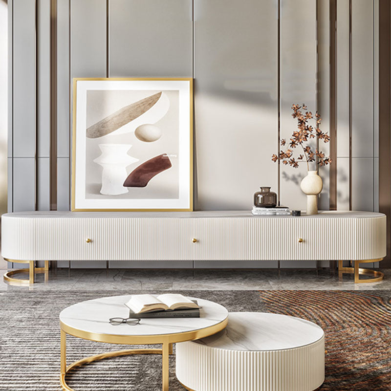 Glam Style TV Stand Console, White/ Beige TV Console with Soft Close Drawers & Legs