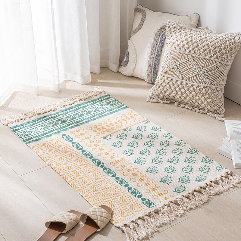Calming Tribal Print Rug Cotton Fringe Carpet Pet Friendly Indoor Rug for Living Room