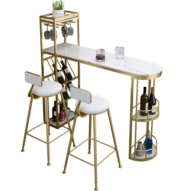 Glam 1/2/3 Pieces Bar Table Set Rectangle Stone Bar Table with Metal High Stools