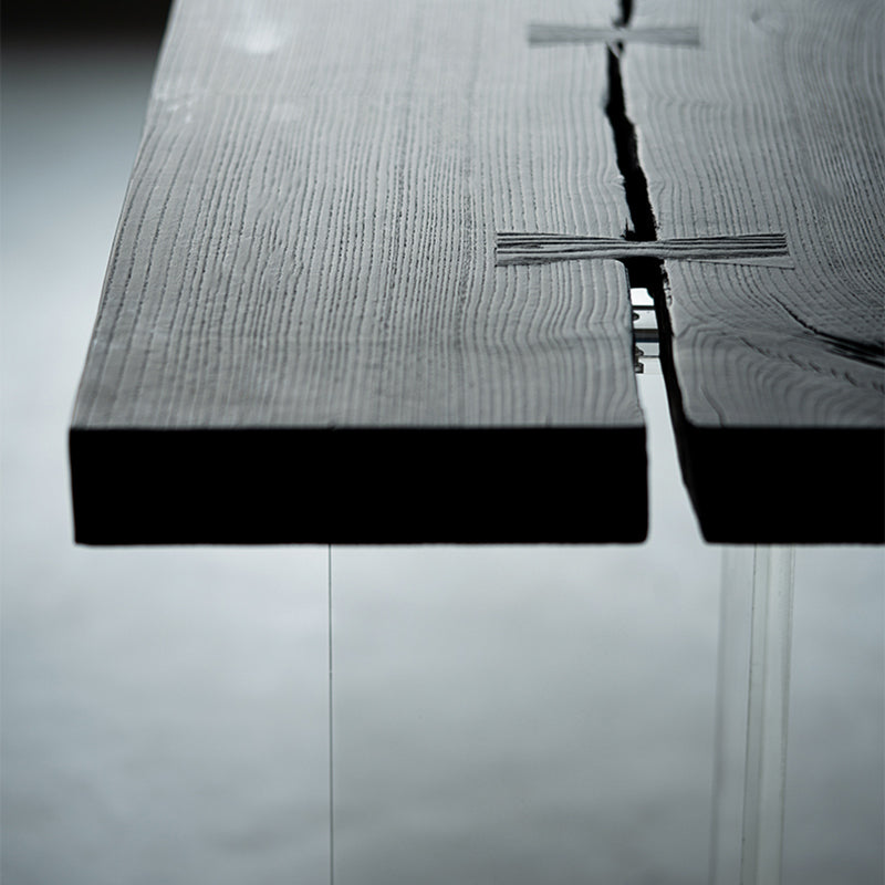 Black Ash Wood Top Bar Table with Acrylic Base Modern Pub Table with Double Pedestal