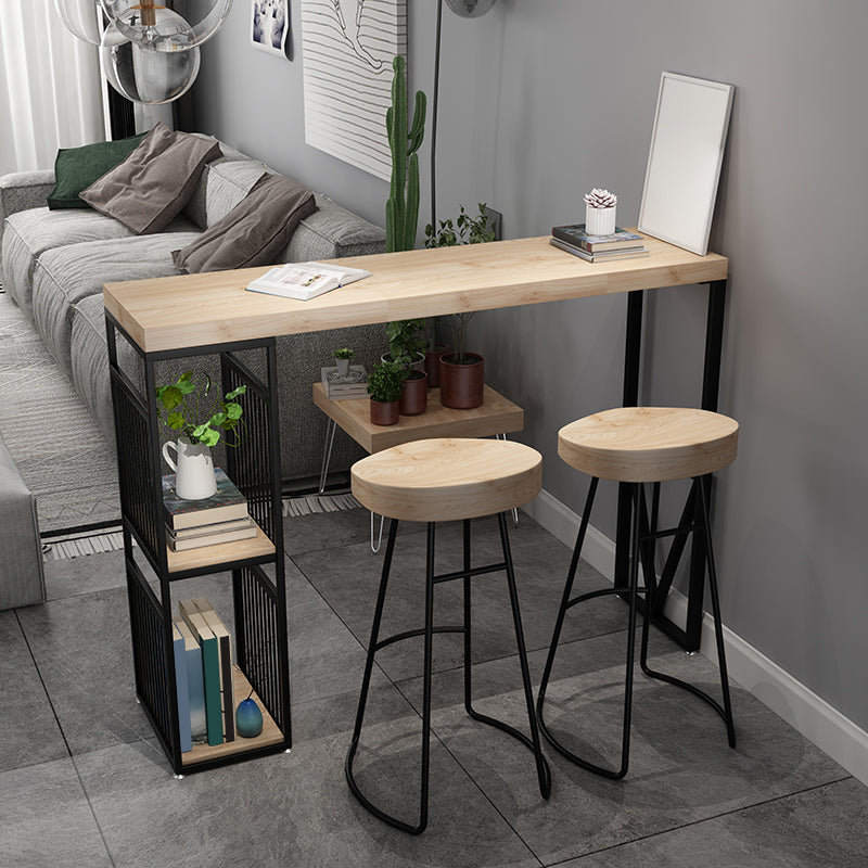 Natural Finish Solid Wood Top Bar Table Contemporary Metal Frame Pub Table