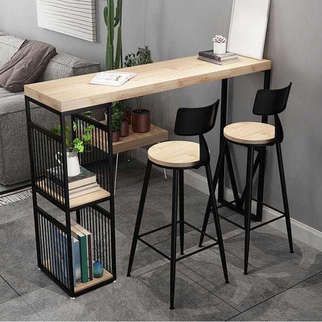 Natural Finish Solid Wood Top Bar Table Contemporary Metal Frame Pub Table