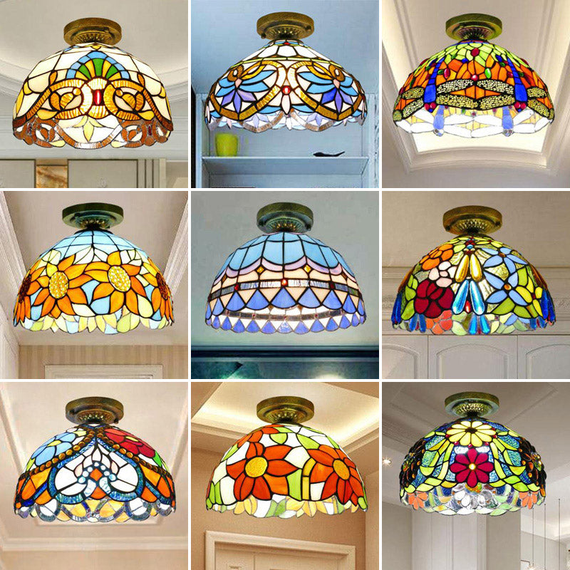 Tiffany Style Bowl Flush Mount Glass Ceiling Light 1 Light for Hallway