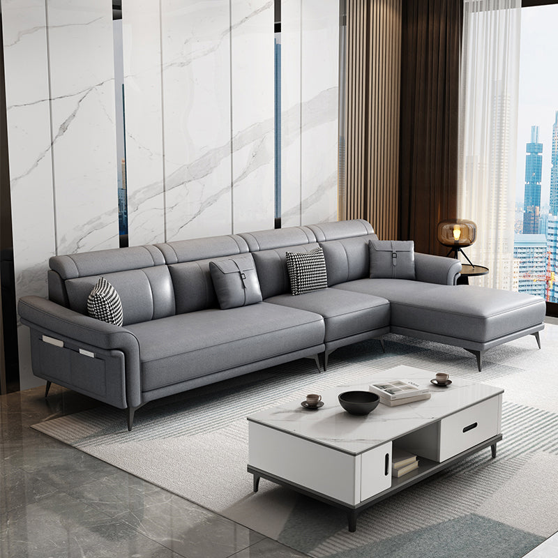 Faux Leather 4-Seater Sectional with Flared Arms and Storage for Living Room