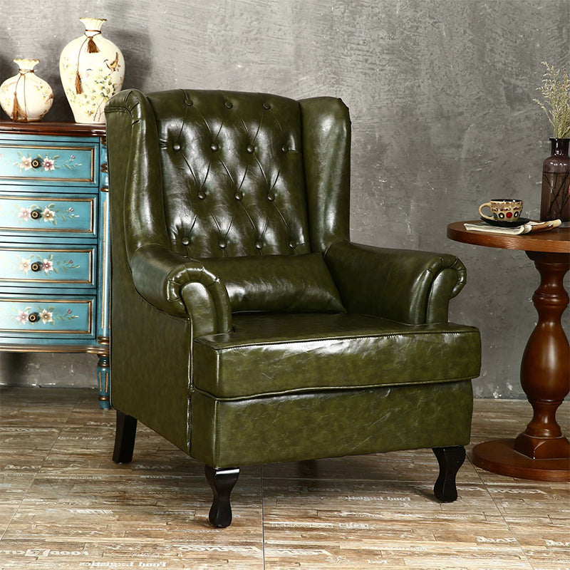 Mid-century Modern 33.46" Wide Leather Tufted Back Rolled Arms Chair