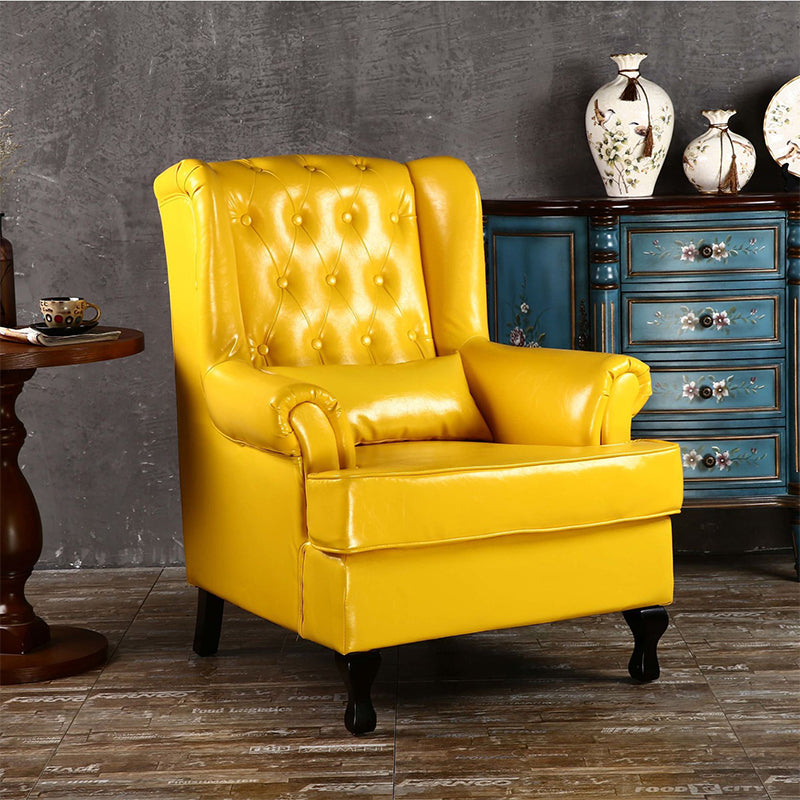 Mid-century Modern 33.46" Wide Leather Tufted Back Rolled Arms Chair