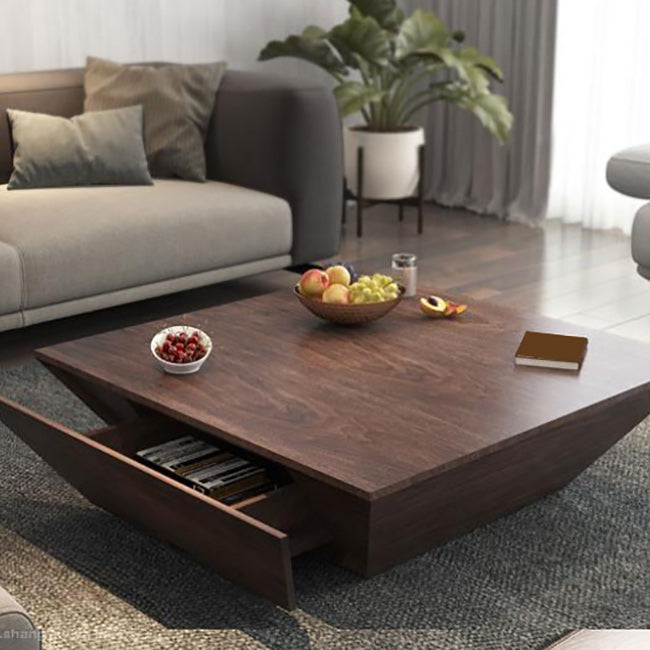 Modern Style Square Wooden Table with Square Block Base Coffee Table with Drawers