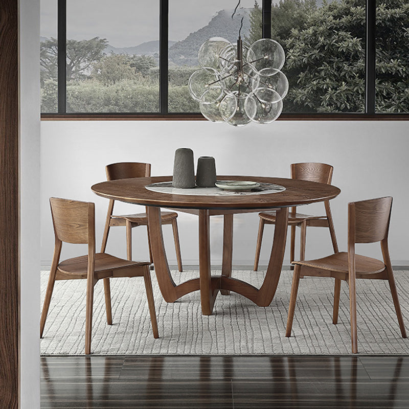 Brown Solid Wood Dining Table Turntable Furniture with Pedestal Base for Home