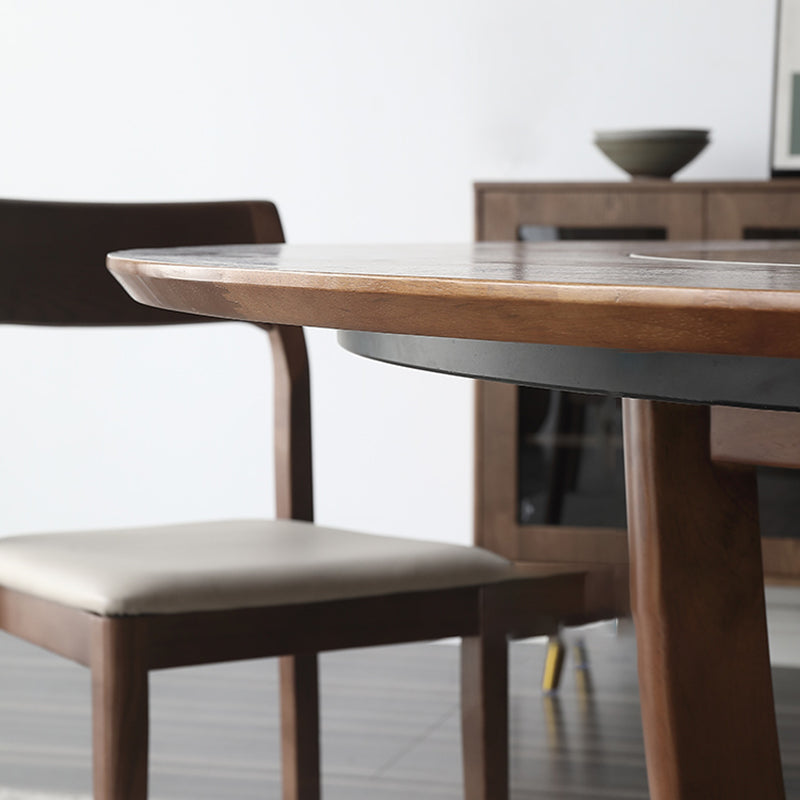 Brown Solid Wood Dining Table Turntable Furniture with Pedestal Base for Home