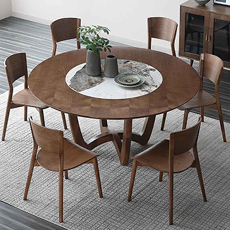 Brown Solid Wood Dining Table Turntable Furniture with Pedestal Base for Home