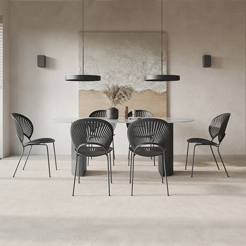 Oval Dining Table Stone Dining Table in White Top with Double Pedestal