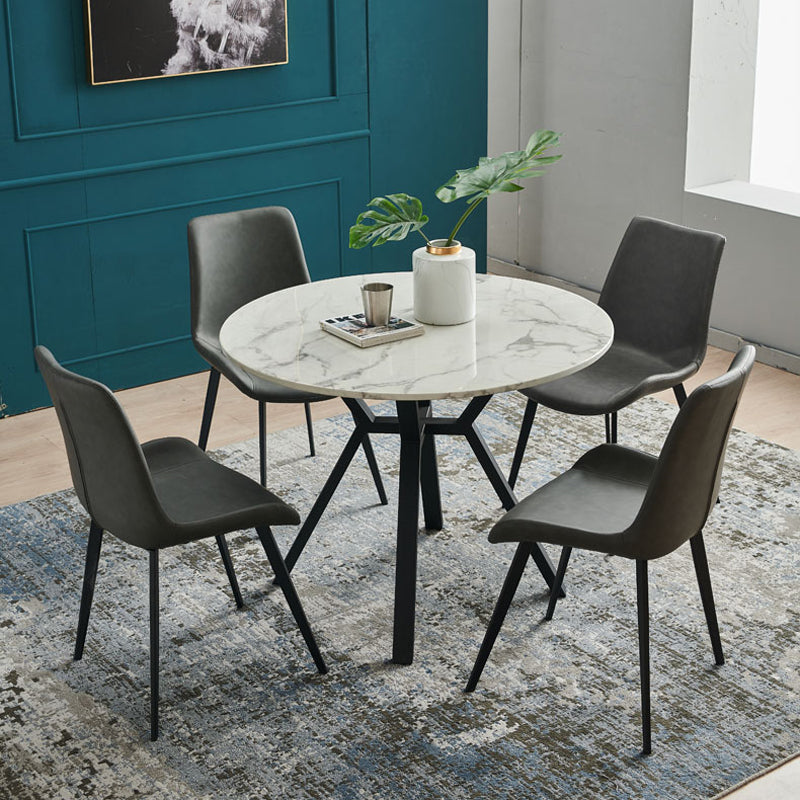 White Stone Top Table Modern Round Black Steel Base Dining Table