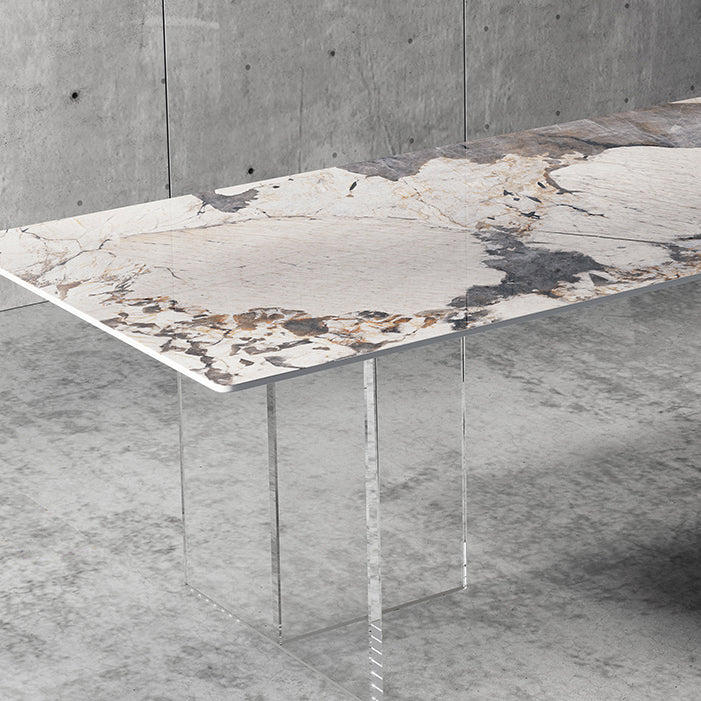 Simplicity Rectangle Dining Table Sintered Stone Top Transparency Acrylic Base Table