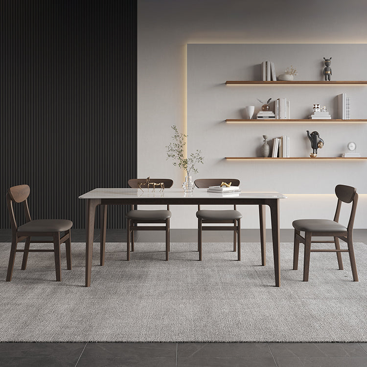 4 Legs Wood Dining Table Mid-century Modern Style Rectangle White Stone Top Dining Table