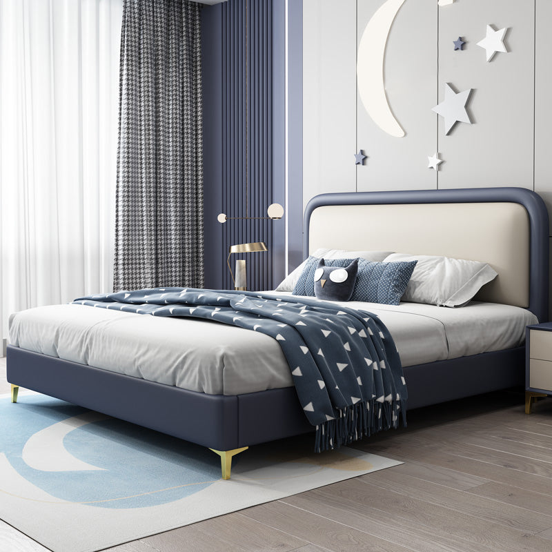Modern Wooden Blue Standard Bed with Rectangular Headboard and Legs