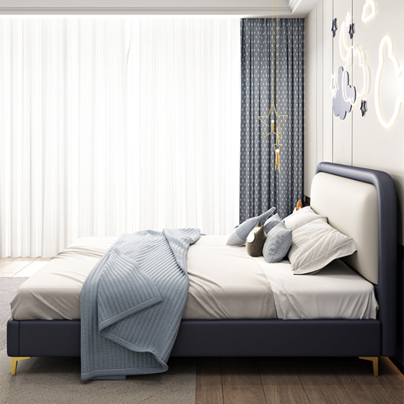 Modern Wooden Blue Standard Bed with Rectangular Headboard and Legs