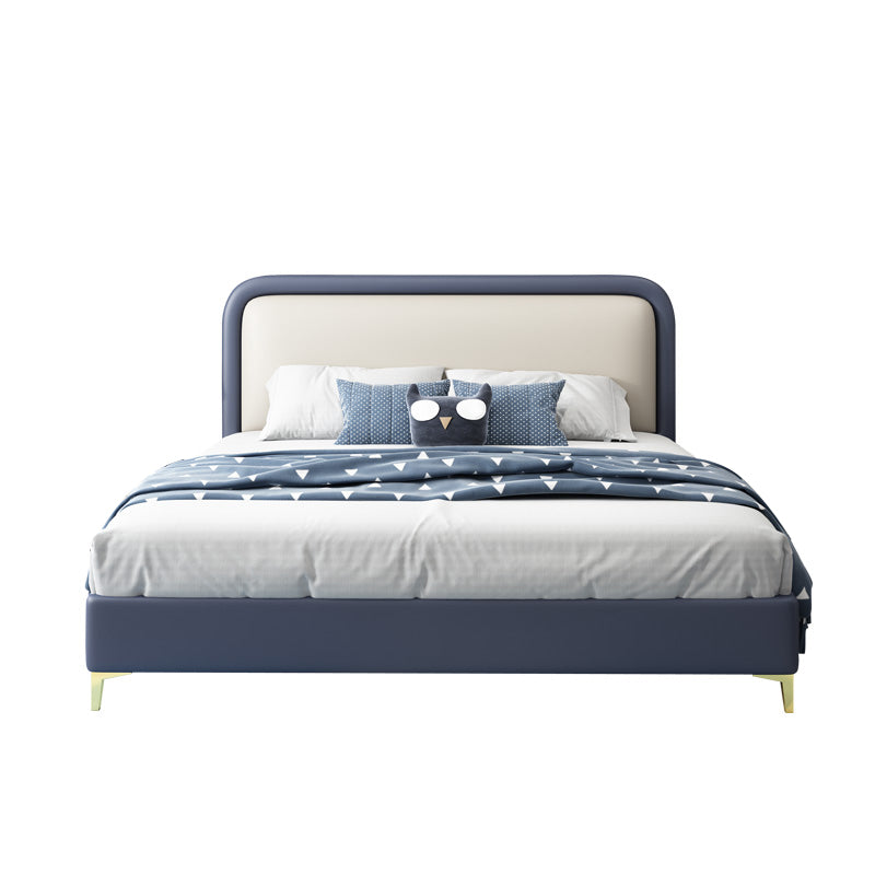 Modern Wooden Blue Standard Bed with Rectangular Headboard and Legs