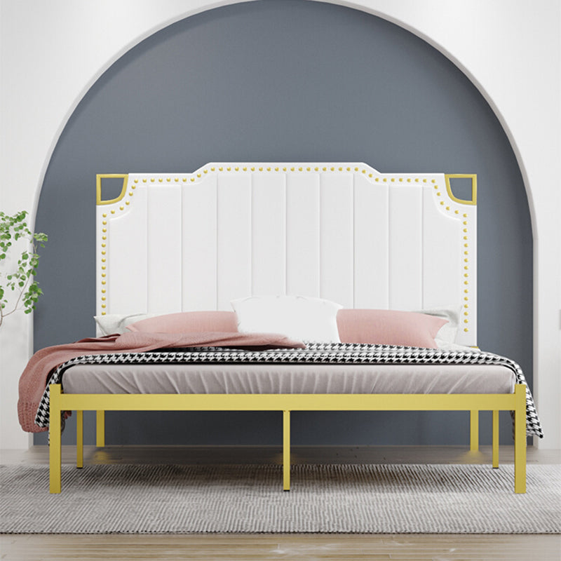 Iron Bed with Faux Leather Stepped Headboard and Nailhead Trim