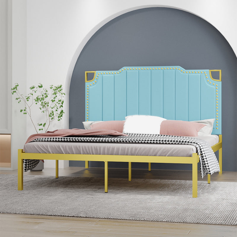 Iron Bed with Faux Leather Stepped Headboard and Nailhead Trim