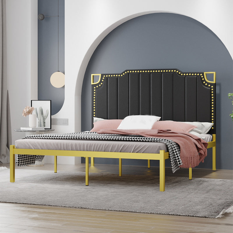 Iron Bed with Faux Leather Stepped Headboard and Nailhead Trim