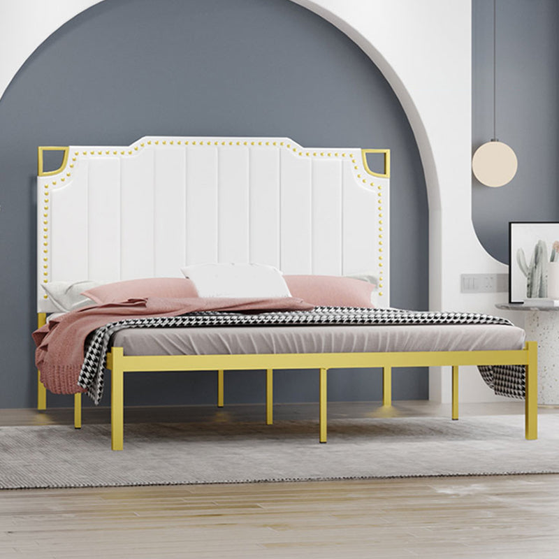 Iron Bed with Faux Leather Stepped Headboard and Nailhead Trim