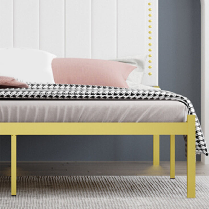 Iron Bed with Faux Leather Stepped Headboard and Nailhead Trim