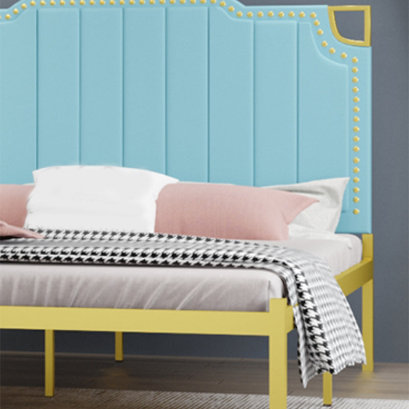 Iron Bed with Faux Leather Stepped Headboard and Nailhead Trim