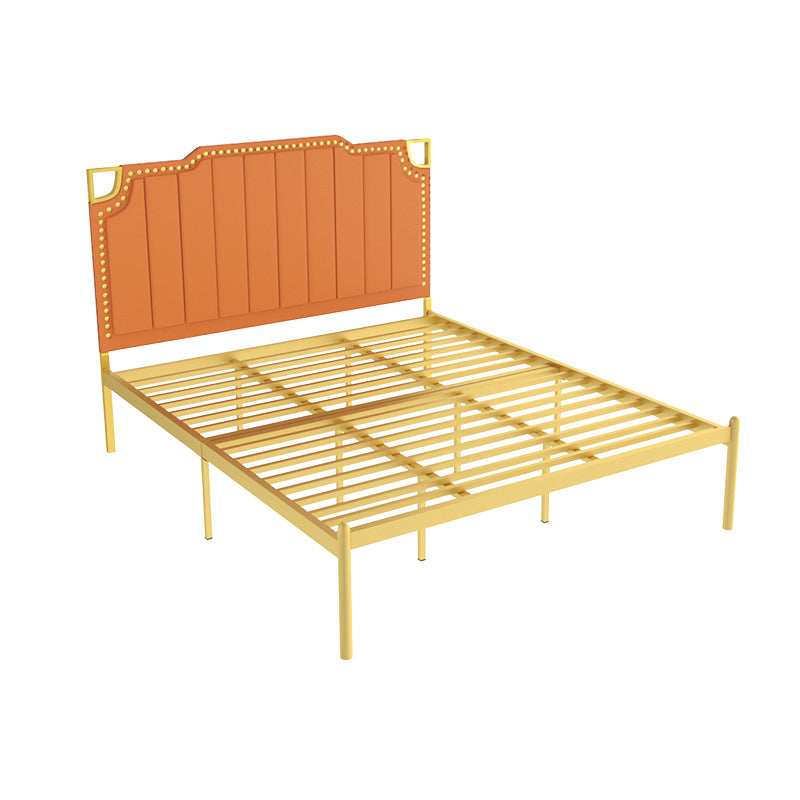 Iron Bed with Faux Leather Stepped Headboard and Nailhead Trim