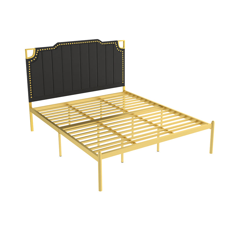 Iron Bed with Faux Leather Stepped Headboard and Nailhead Trim