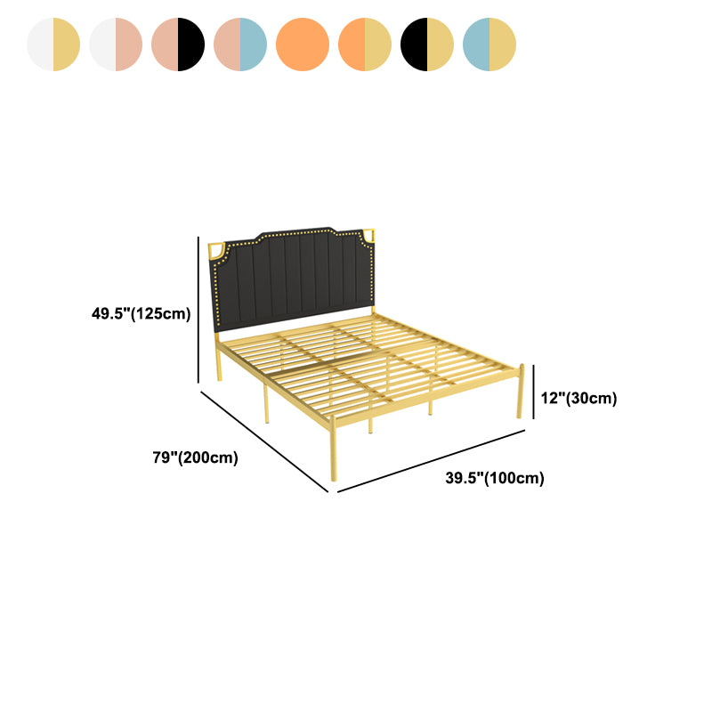 Iron Bed with Faux Leather Stepped Headboard and Nailhead Trim