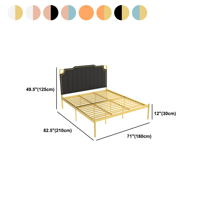Iron Bed with Faux Leather Stepped Headboard and Nailhead Trim