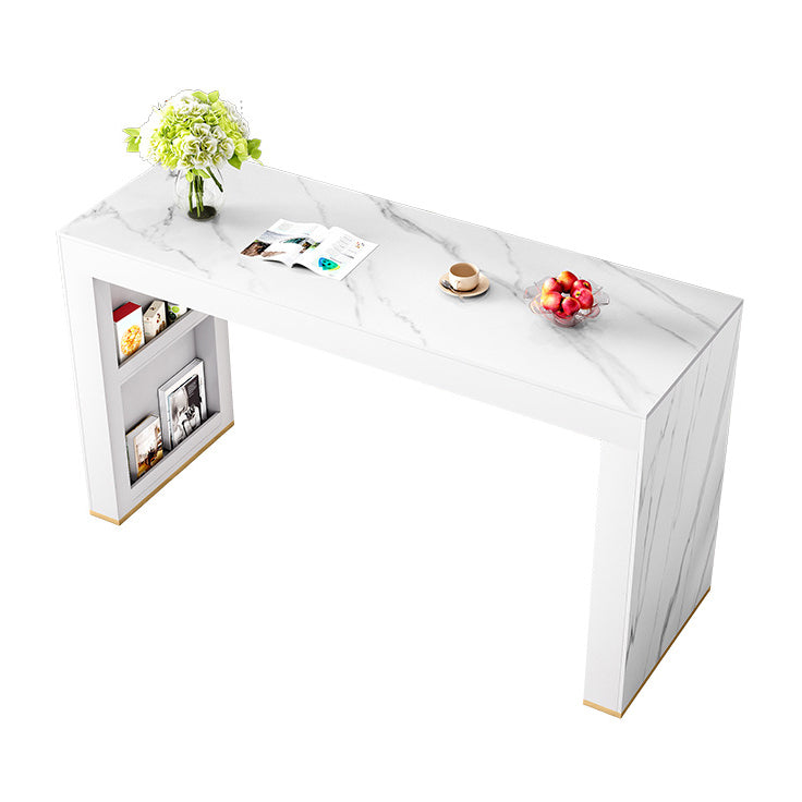 Glossy White Stone Bistro Table with Double Pedestal Contemporary Pub Table for Home