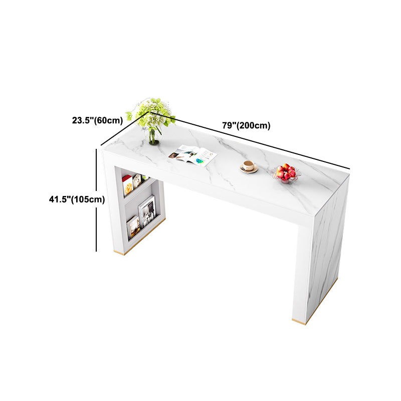 Glossy White Stone Bistro Table with Double Pedestal Contemporary Pub Table for Home