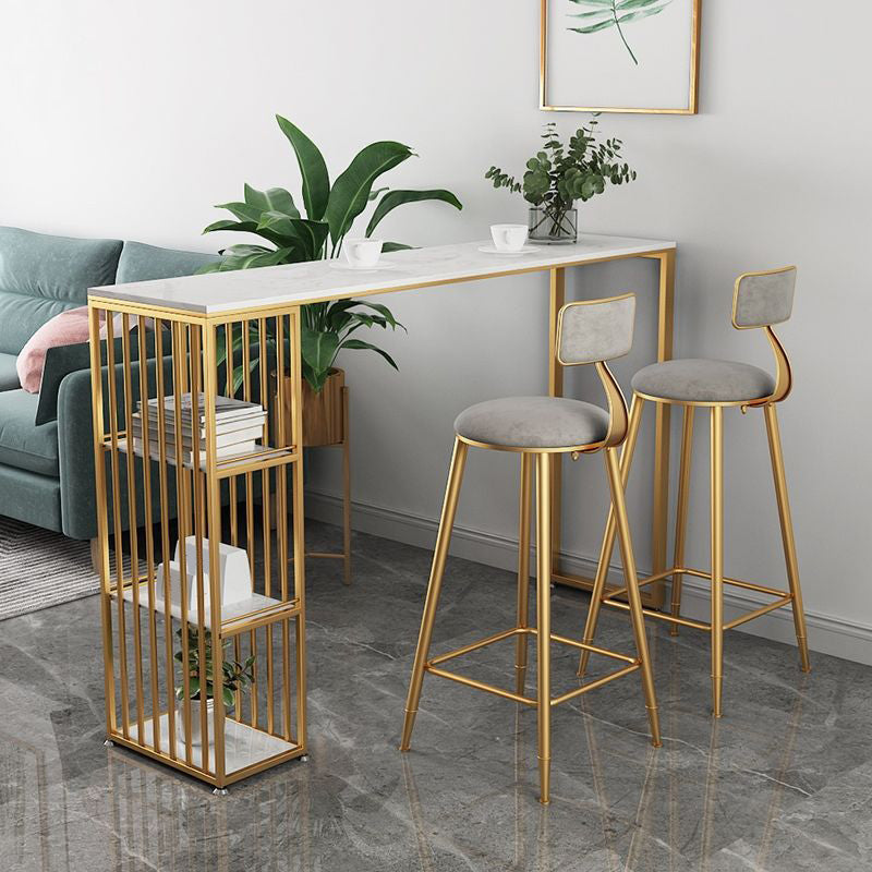 Bar Height Pub Table with 3 Storage Shelves Rectangle White Marble Top Bistro Table