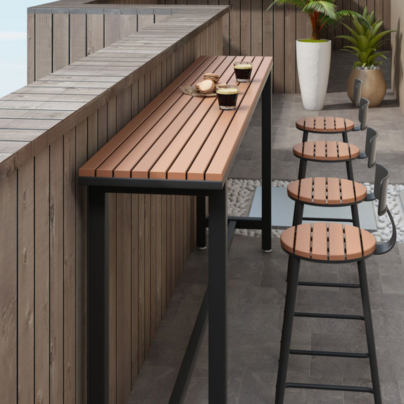 Brown Faux Wood Top Bar Table Contemporary Metal Frame Pub Table