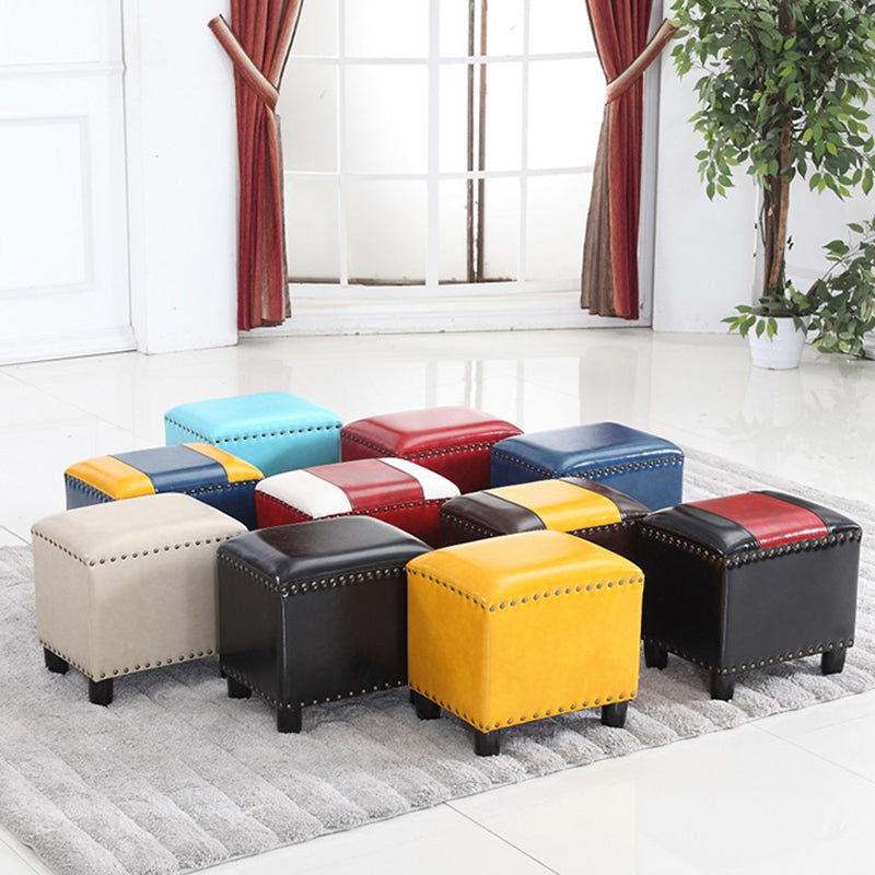 Modern Rectangle Pouf Ottoman Faux Leather Chair Ottoman With Nailhead Trim