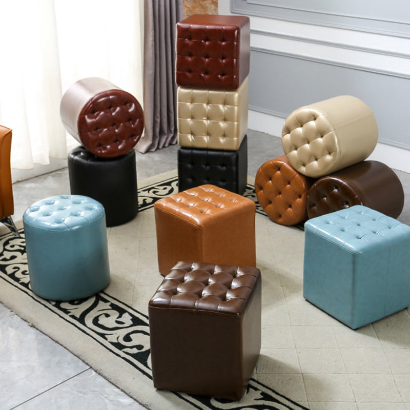 Square Tufted Ottoman Mildew Resistant Genuine Leather Mid-Century Modern Cube Ottoman