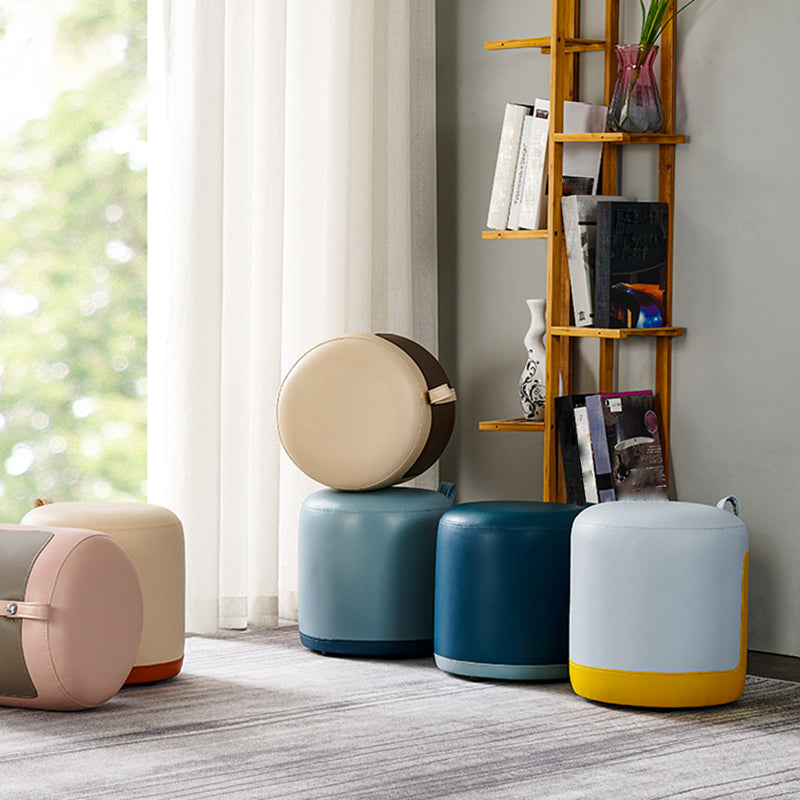 Modern Ottoman Contrast Panel Genuine Leather Indoor Round Pouf