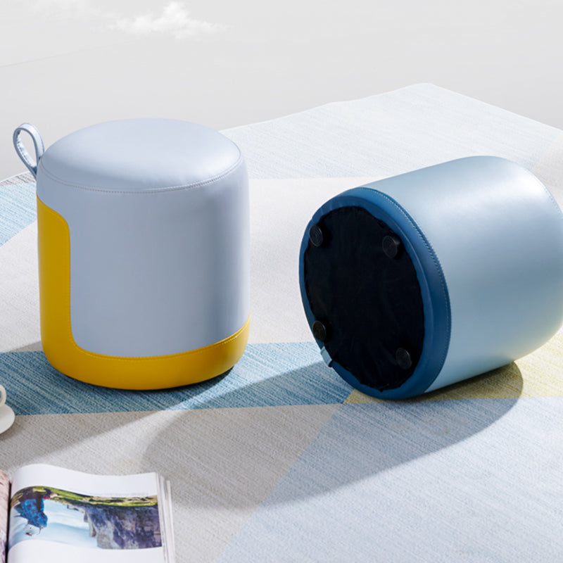 Modern Ottoman Contrast Panel Genuine Leather Indoor Round Pouf