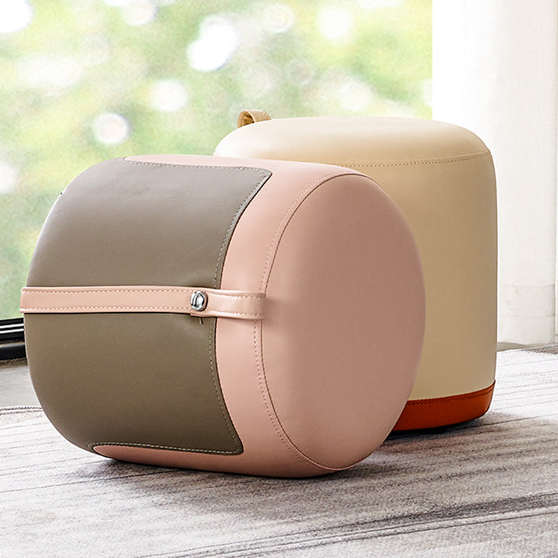 Modern Ottoman Contrast Panel Genuine Leather Indoor Round Pouf