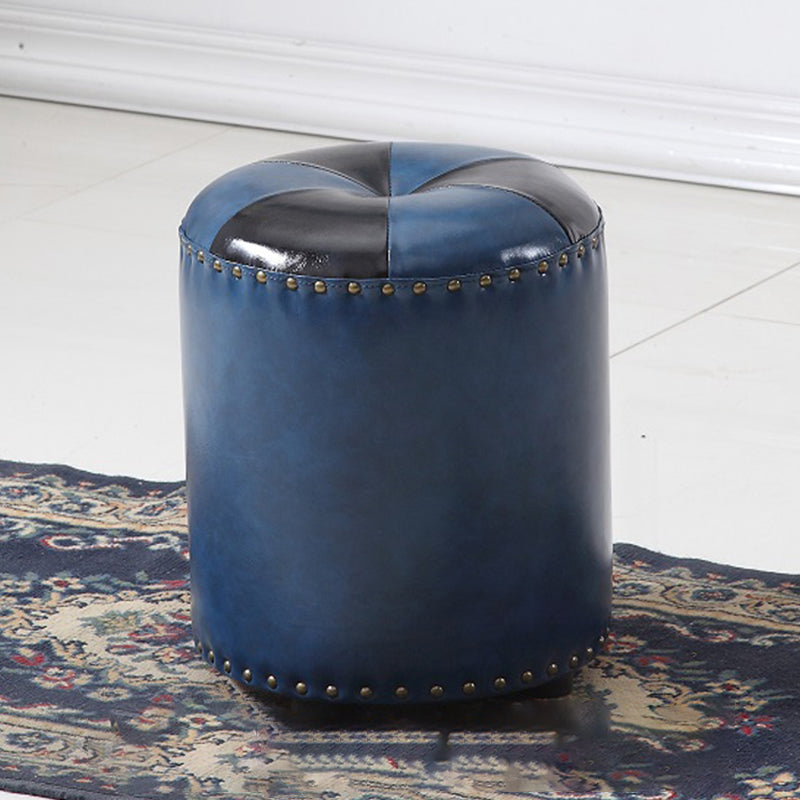 Modern Round Ottoman Color Block Leather Round Ottoman With Nailhead Trim
